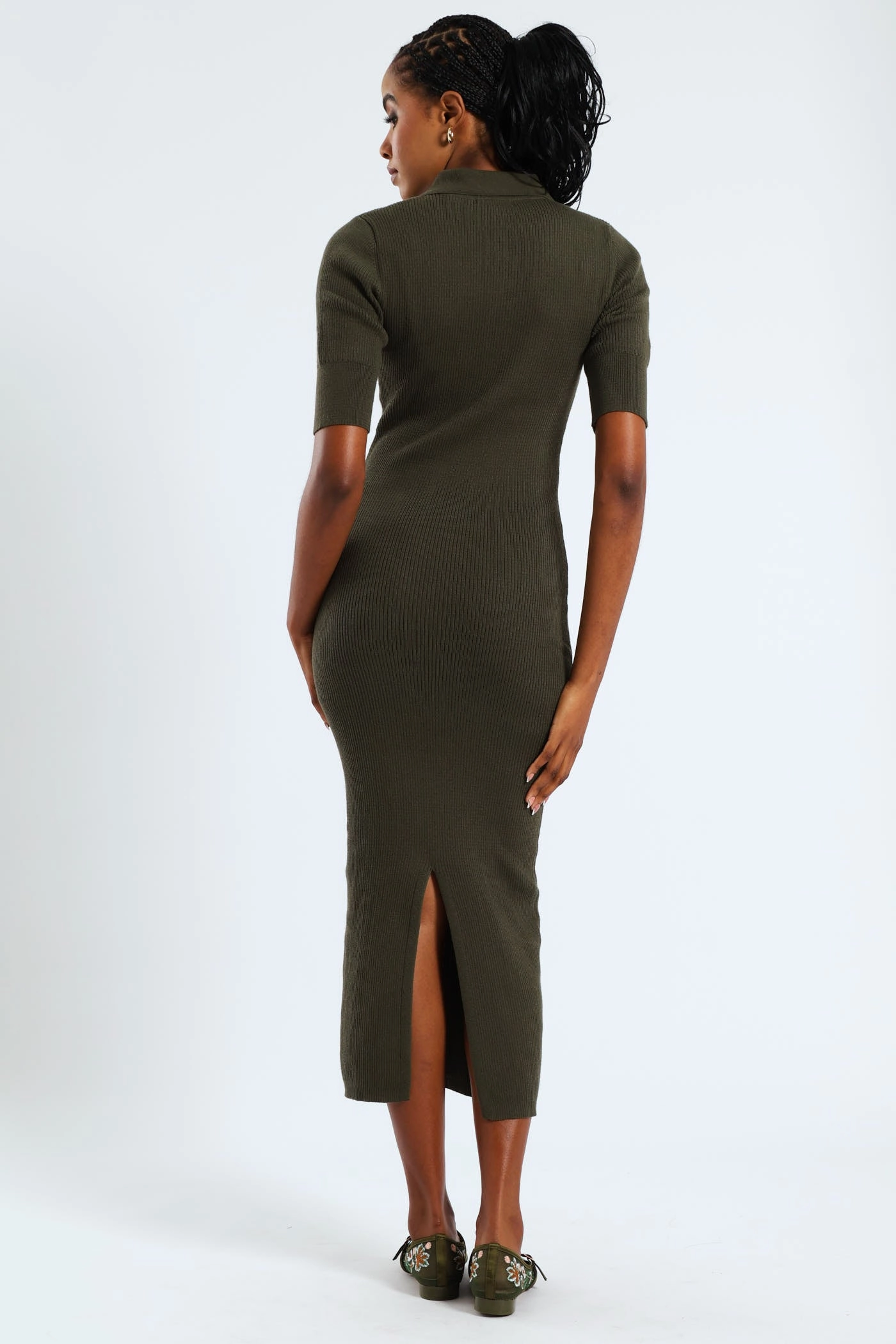 1/2 Placket Collared Knitwear Midaxi Dress - Dark Fatigue Influencer-Approved Pose Glow