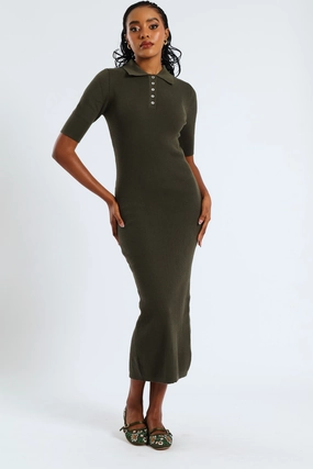 Smart Layer Wear Side Ruching 1/2 Placket Collared Knitwear Midaxi Dress - Dark Fatigue