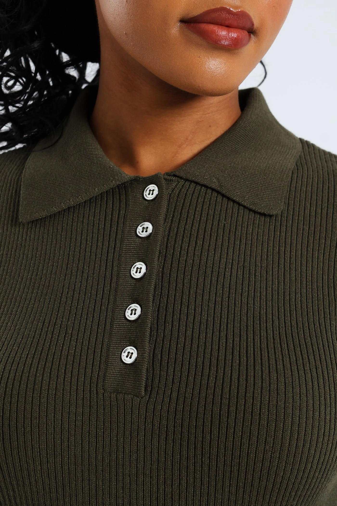 Chilly Weather Layer 1/2 Placket Collared Knitwear Midaxi Dress - Dark Fatigue