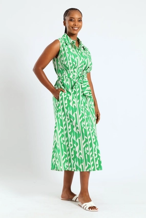 Elegant Look EcoFriendlyDye 1/2 Pocket Collared Belted Midi Dress - White/Green