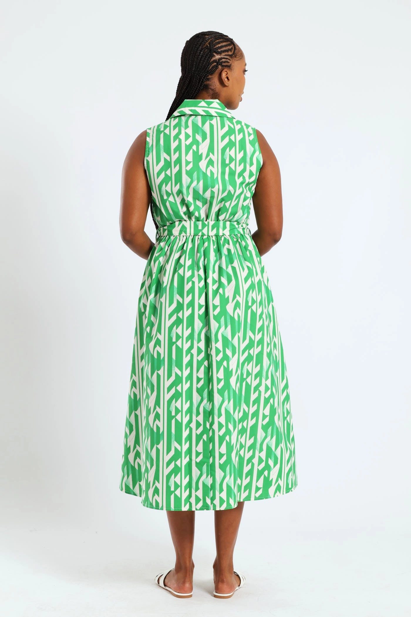 Bold Statement Everyday Outfit 1/2 Pocket Collared Belted Midi Dress - White/Green