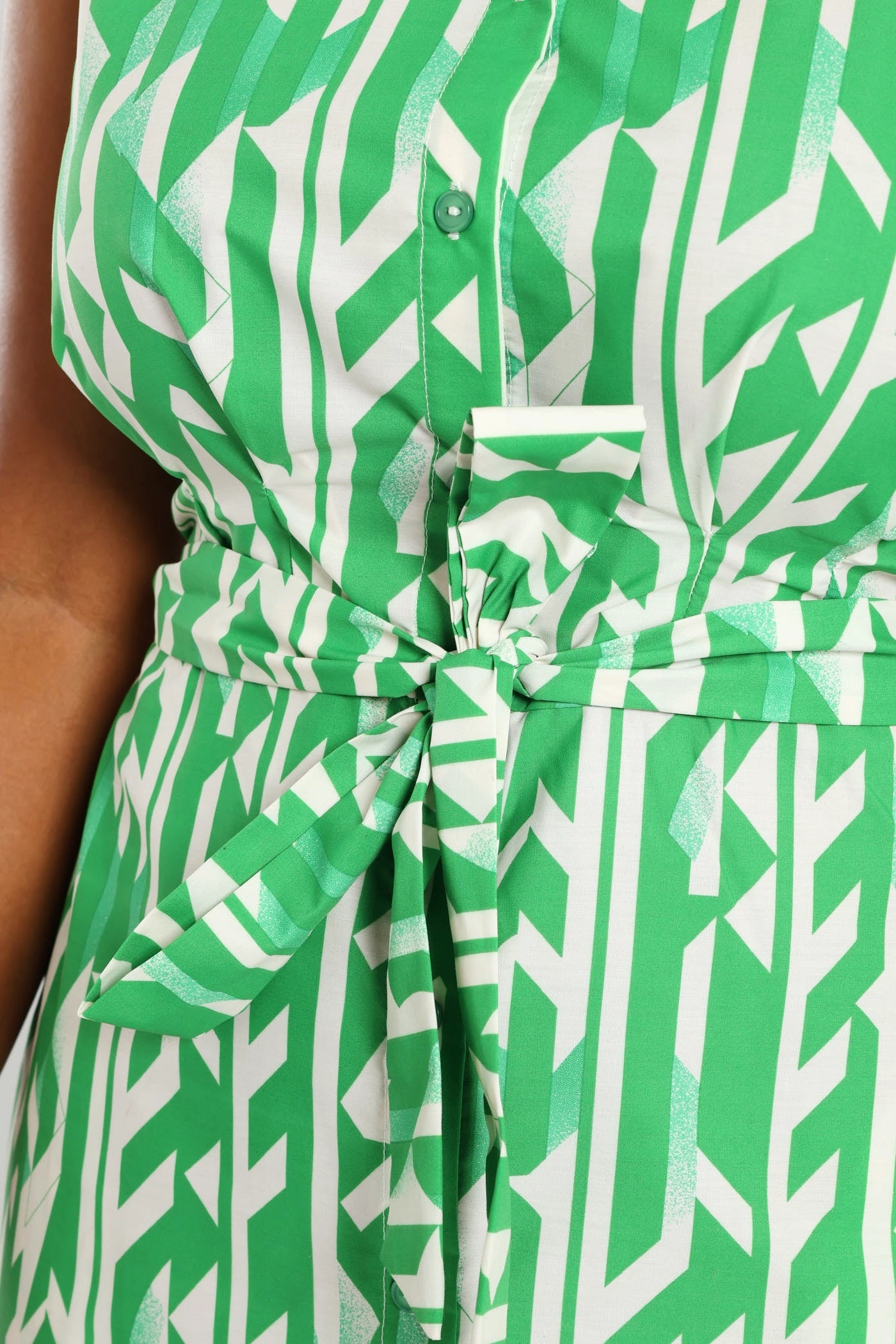 Mid Season Sleeve Light 1/2 Pocket Collared Belted Midi Dress - White/Green