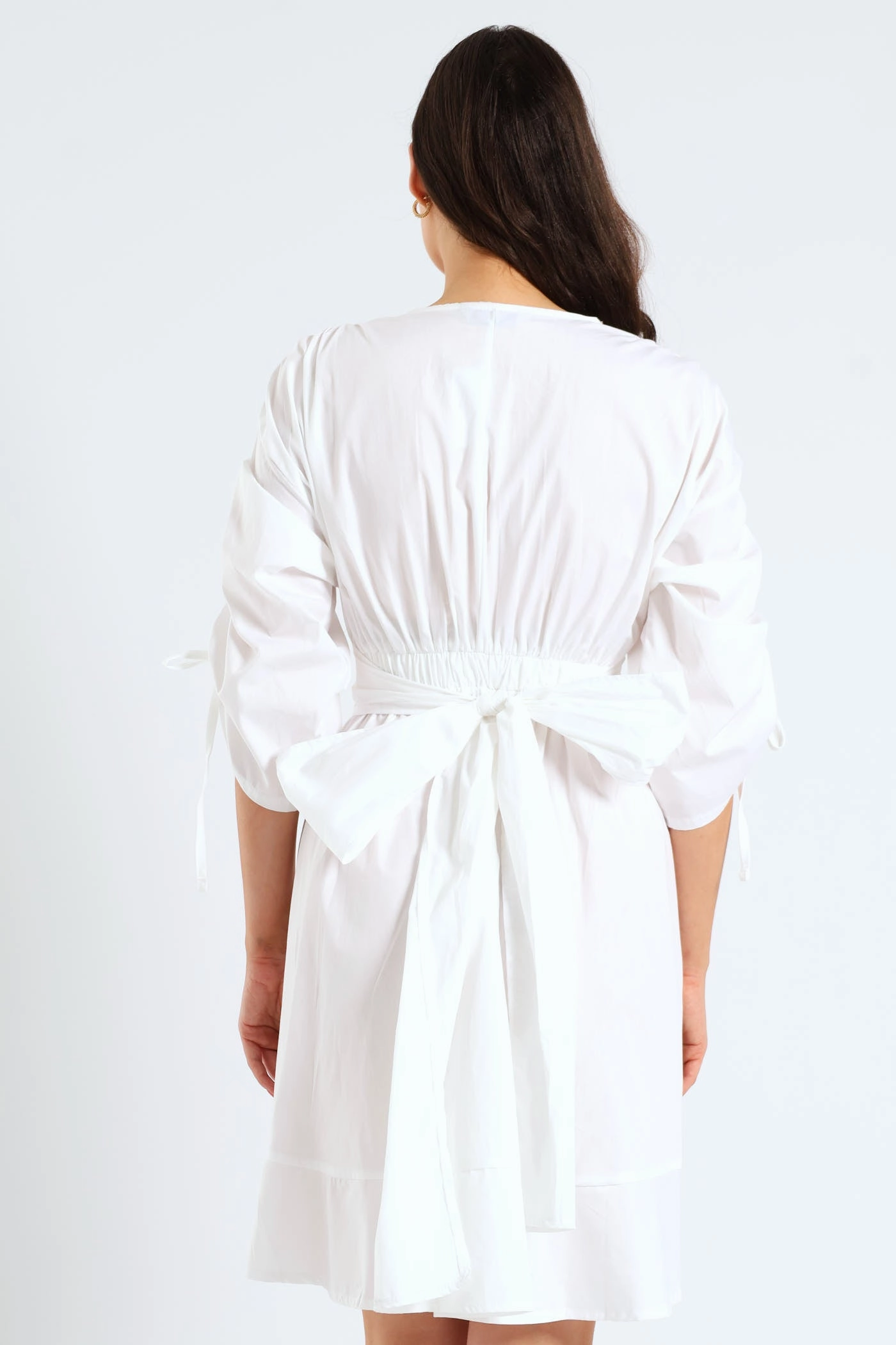 Romantic Vibes Perfect Shape 3/4 Ruched Balloon Sleeve Belted Kimono Fit & Flare Mini Dress - White
