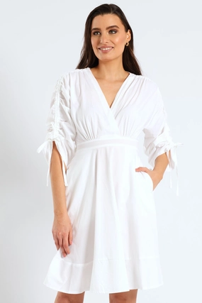 Minimal Mood Fall Style 3/4 Ruched Balloon Sleeve Belted Kimono Fit & Flare Mini Dress - White