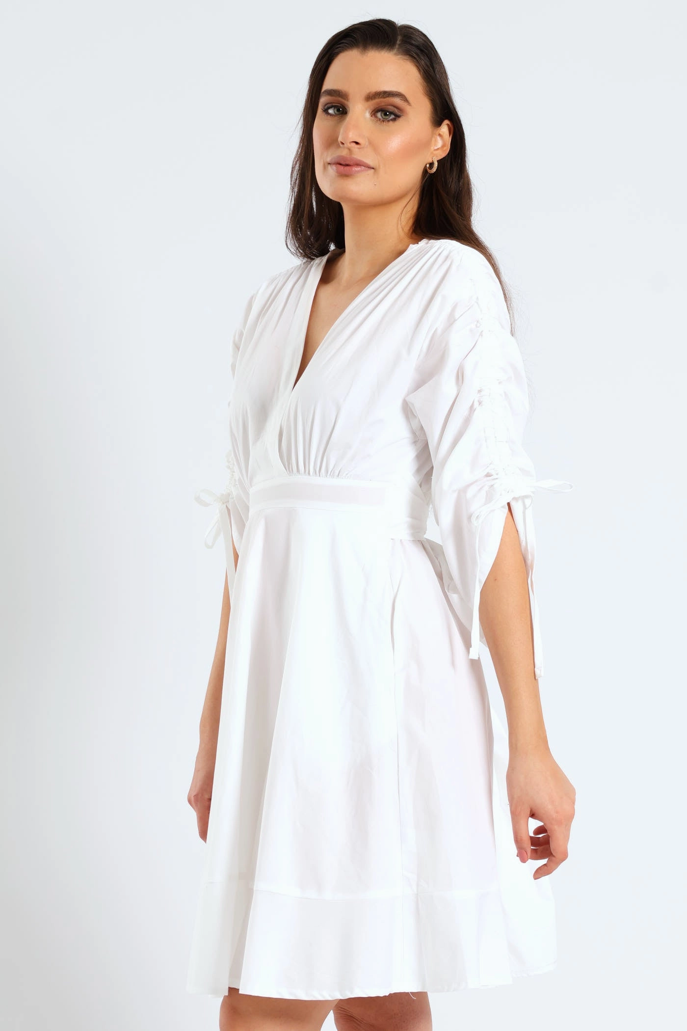 3/4 Ruched Balloon Sleeve Belted Kimono Fit & Flare Mini Dress - White Smooth silhouette Edgy-Look