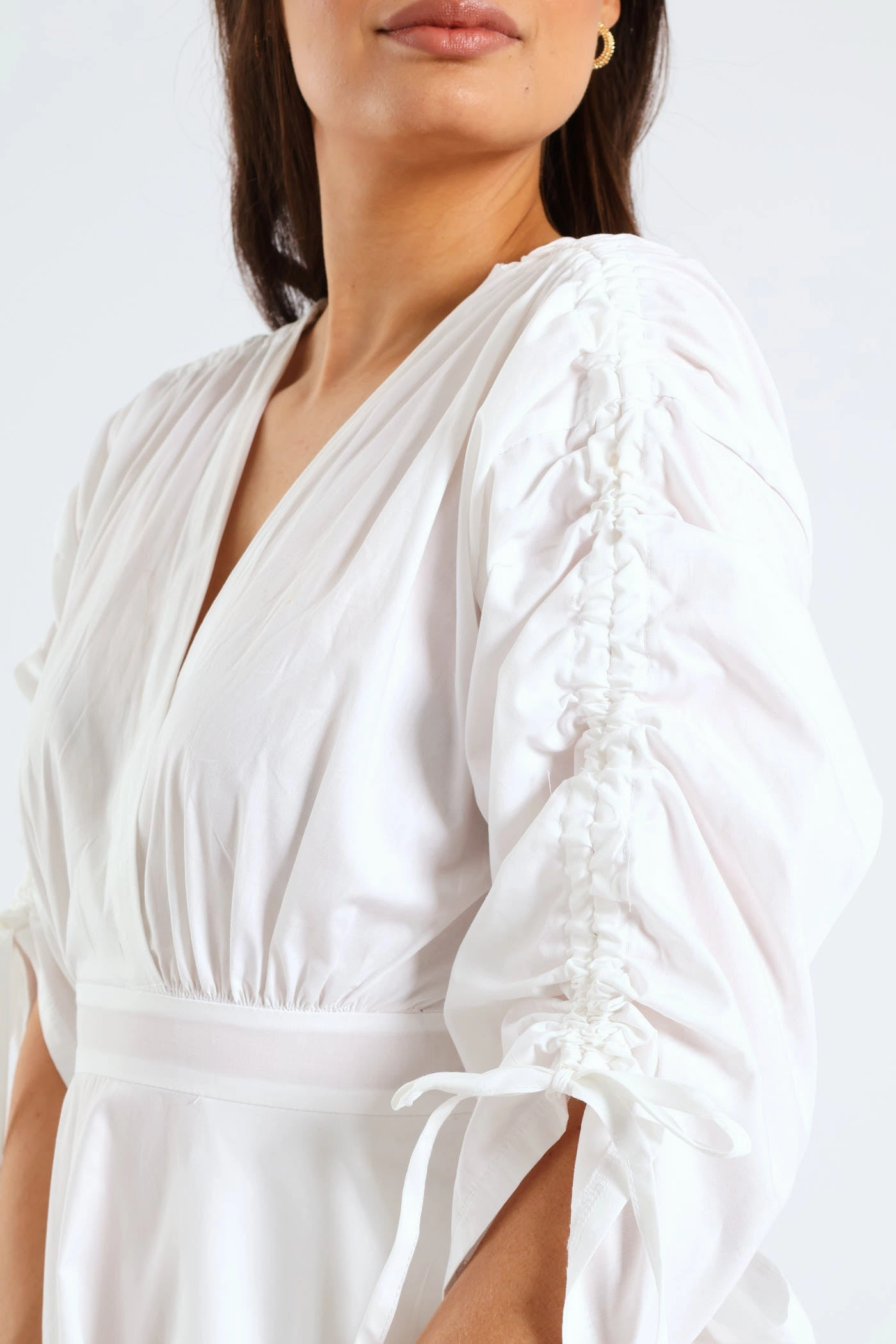 3/4 Ruched Balloon Sleeve Belted Kimono Fit & Flare Mini Dress - White Sustainable-Lining Bold Touches