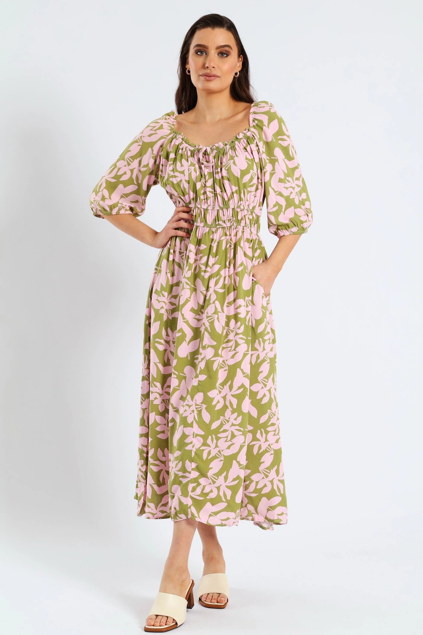 Sophisticated Style 3/4 Sleeve Frill Bardot Neck Elastic Detail Midi Dress - Chartreuse/Mauve