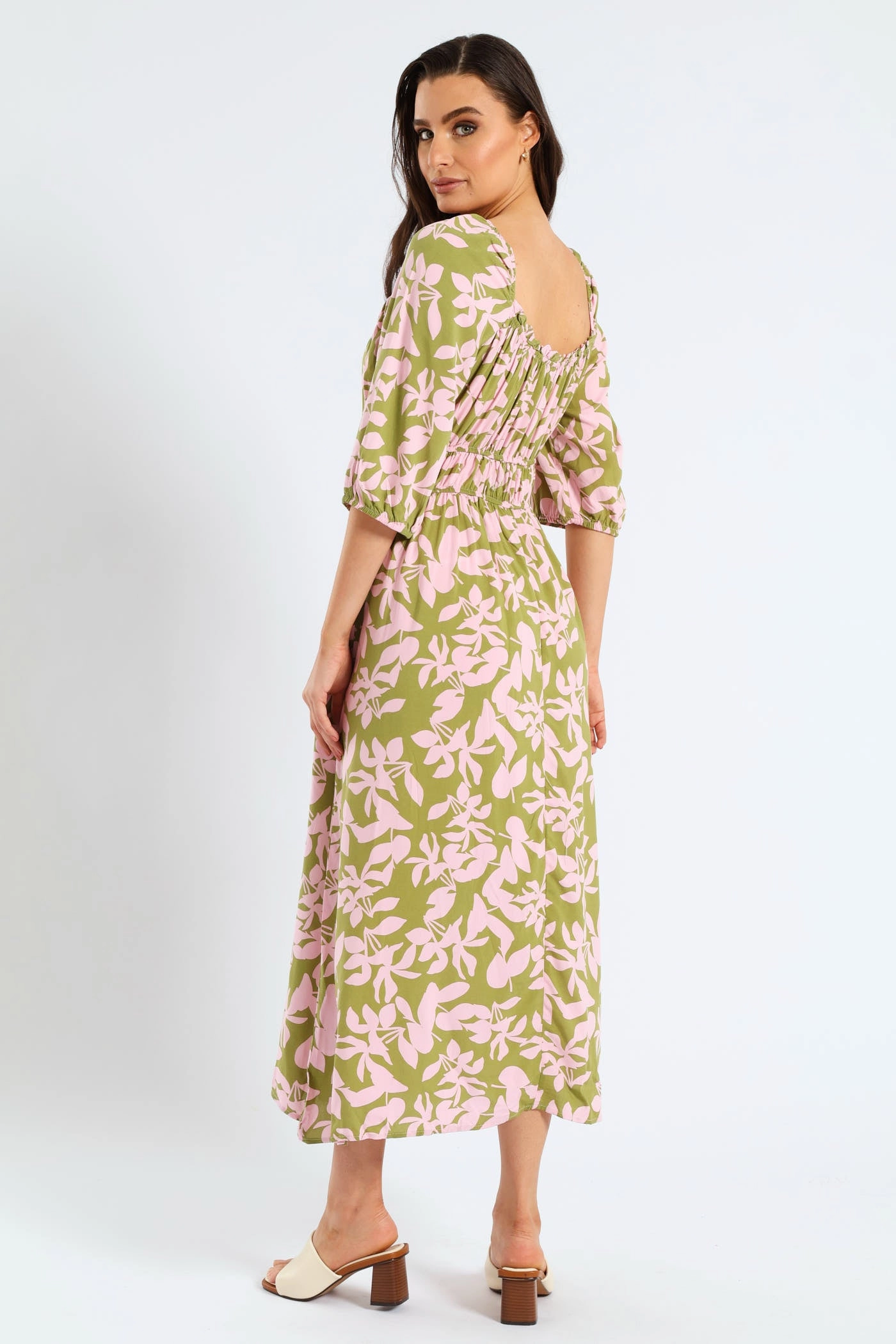 3/4 Sleeve Frill Bardot Neck Elastic Detail Midi Dress - Chartreuse/Mauve Trendy Appearance City Bright