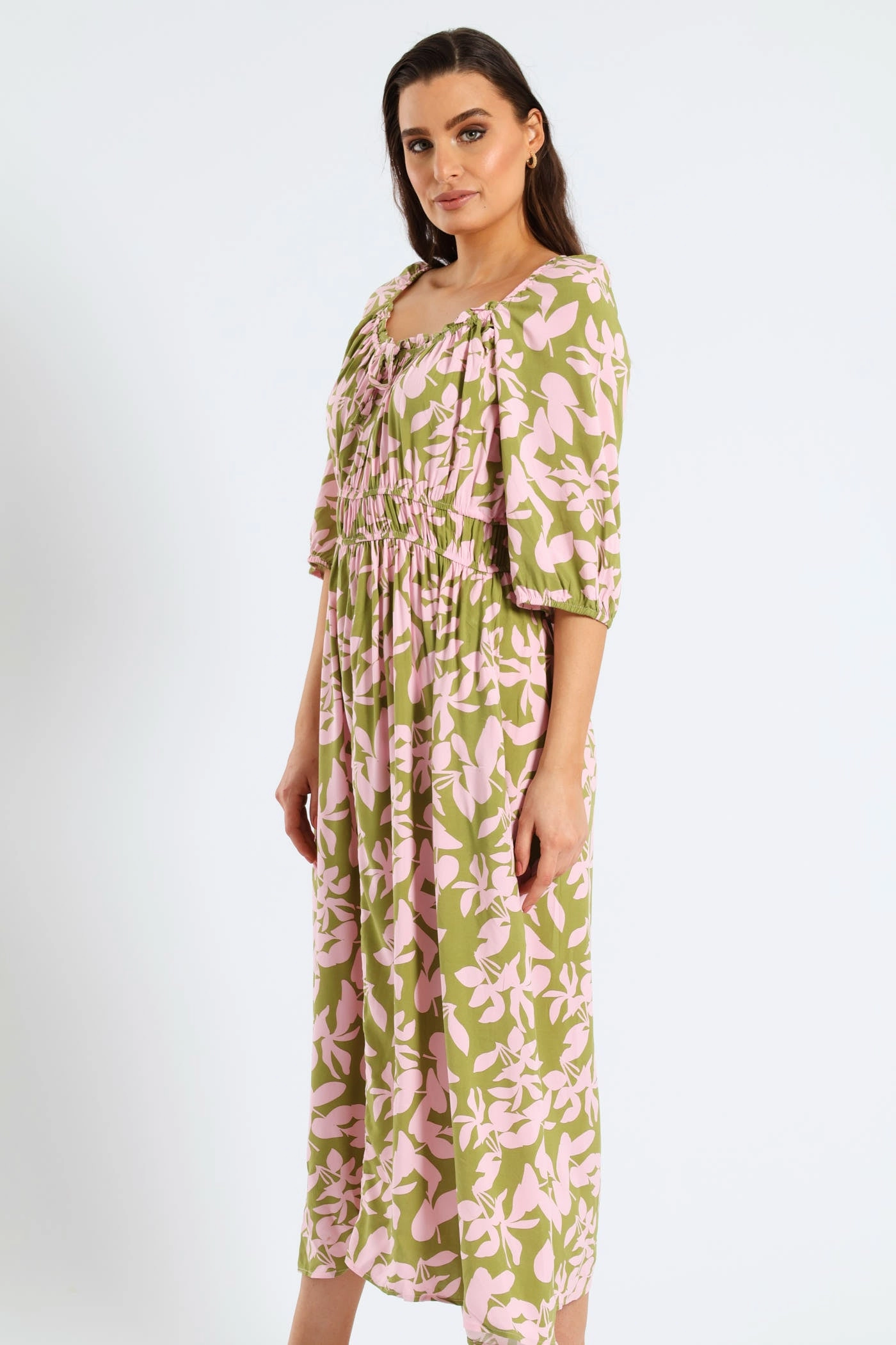 3/4 Sleeve Frill Bardot Neck Elastic Detail Midi Dress - Chartreuse/Mauve Bride Side Low Key
