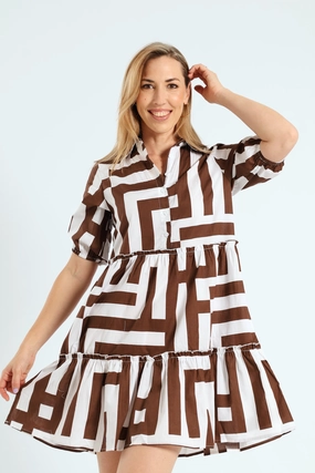 3/4 Sleeve Half Placket Frill Tiered Shirt Mini Dress - Brown/White Balanced Lines