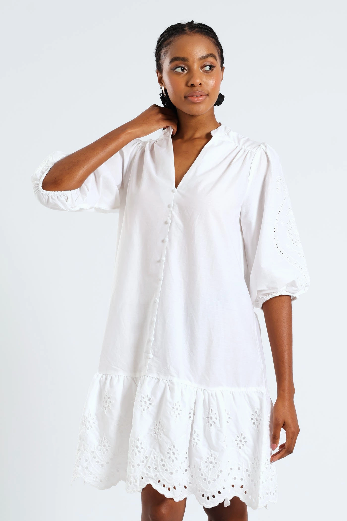 Side-Slit 3/4 Sleeve Mandarin Collar Anglaise Detail Drop Hem Mini Dress - White