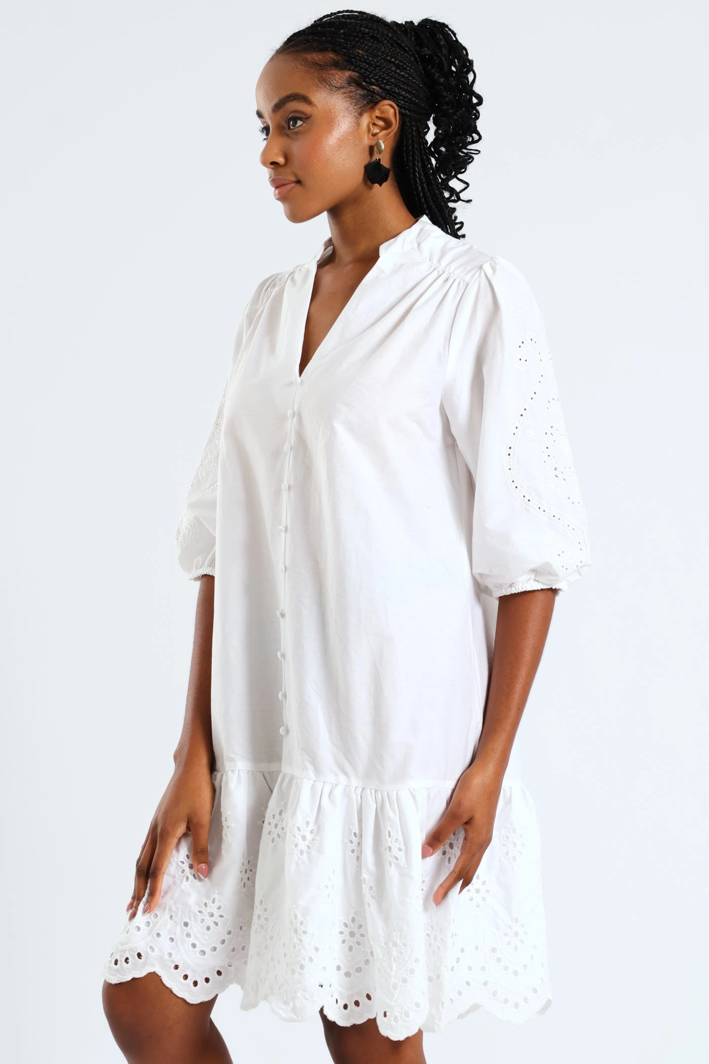 Lightweight 3/4 Sleeve Mandarin Collar Anglaise Detail Drop Hem Mini Dress - White