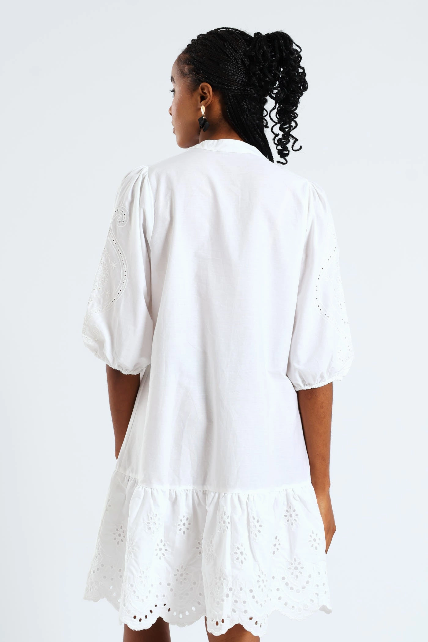 relaxed elegance Comfortable Design Wear 3/4 Sleeve Mandarin Collar Anglaise Detail Drop Hem Mini Dress - White
