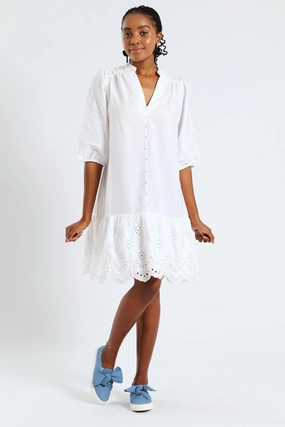 Skirt Flare 3/4 Sleeve Mandarin Collar Anglaise Detail Drop Hem Mini Dress - White