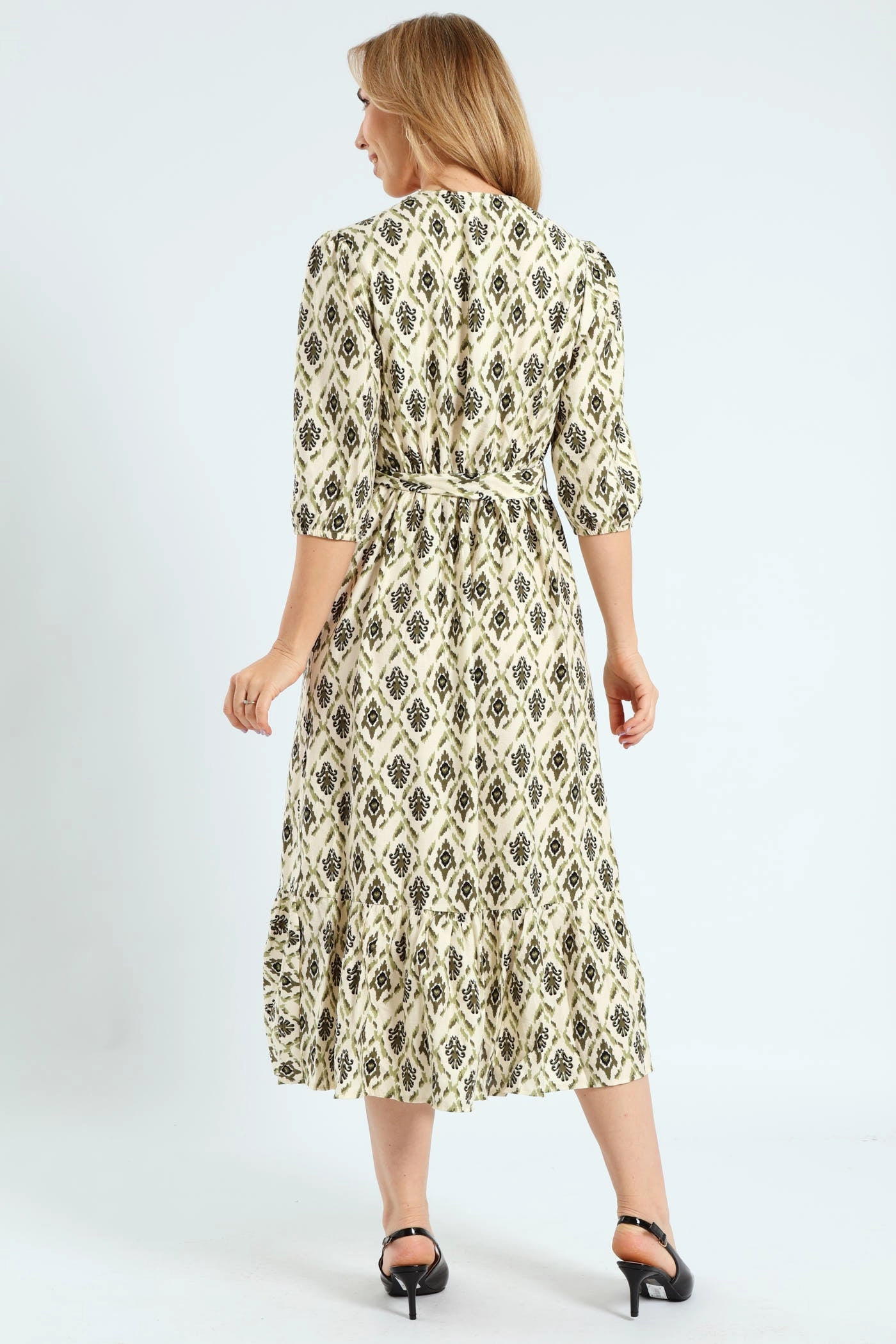 Wave Soft All-day style 3/4 Sleeve Mock Wrap Frill Hem Midi Dress - Fatigue/Stone