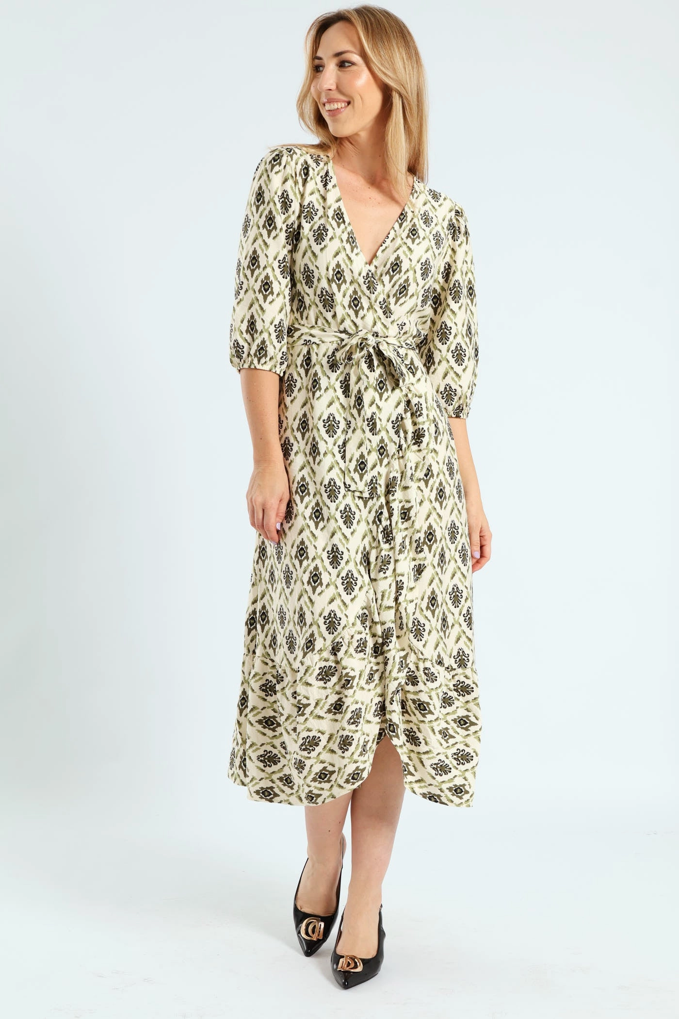 3/4 Sleeve Mock Wrap Frill Hem Midi Dress - Fatigue/Stone Airy Base Natural Drape