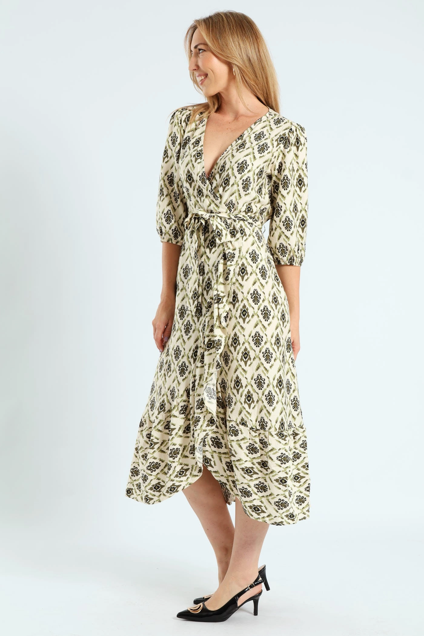 Button-Cuff Cool Fabric 3/4 Sleeve Mock Wrap Frill Hem Midi Dress - Fatigue/Stone