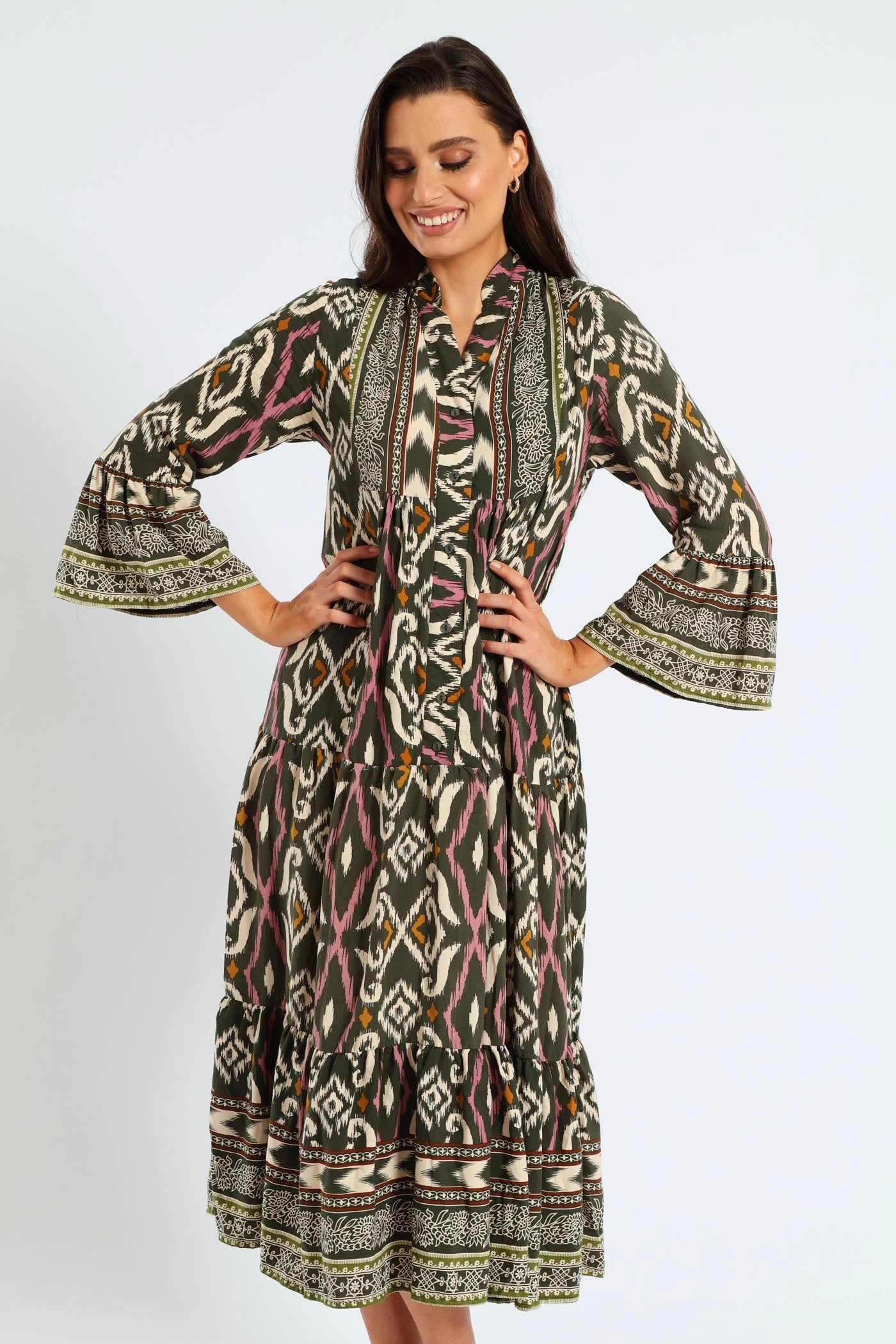 Work Vibes 3/4 Sleeve Palm Border Print Tent Midaxi Dress - Multi