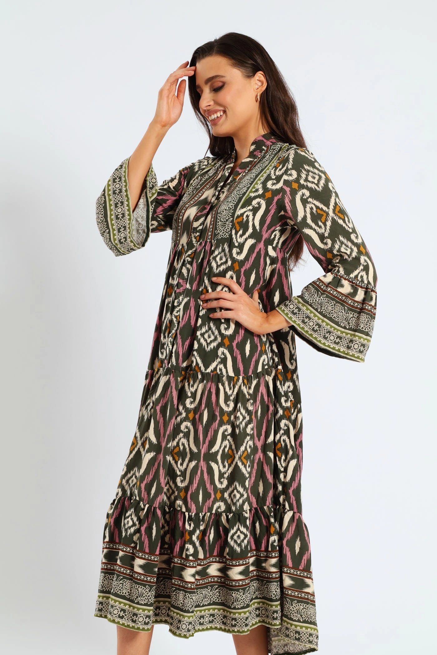 3/4 Sleeve Palm Border Print Tent Midaxi Dress - Multi Calm Lines