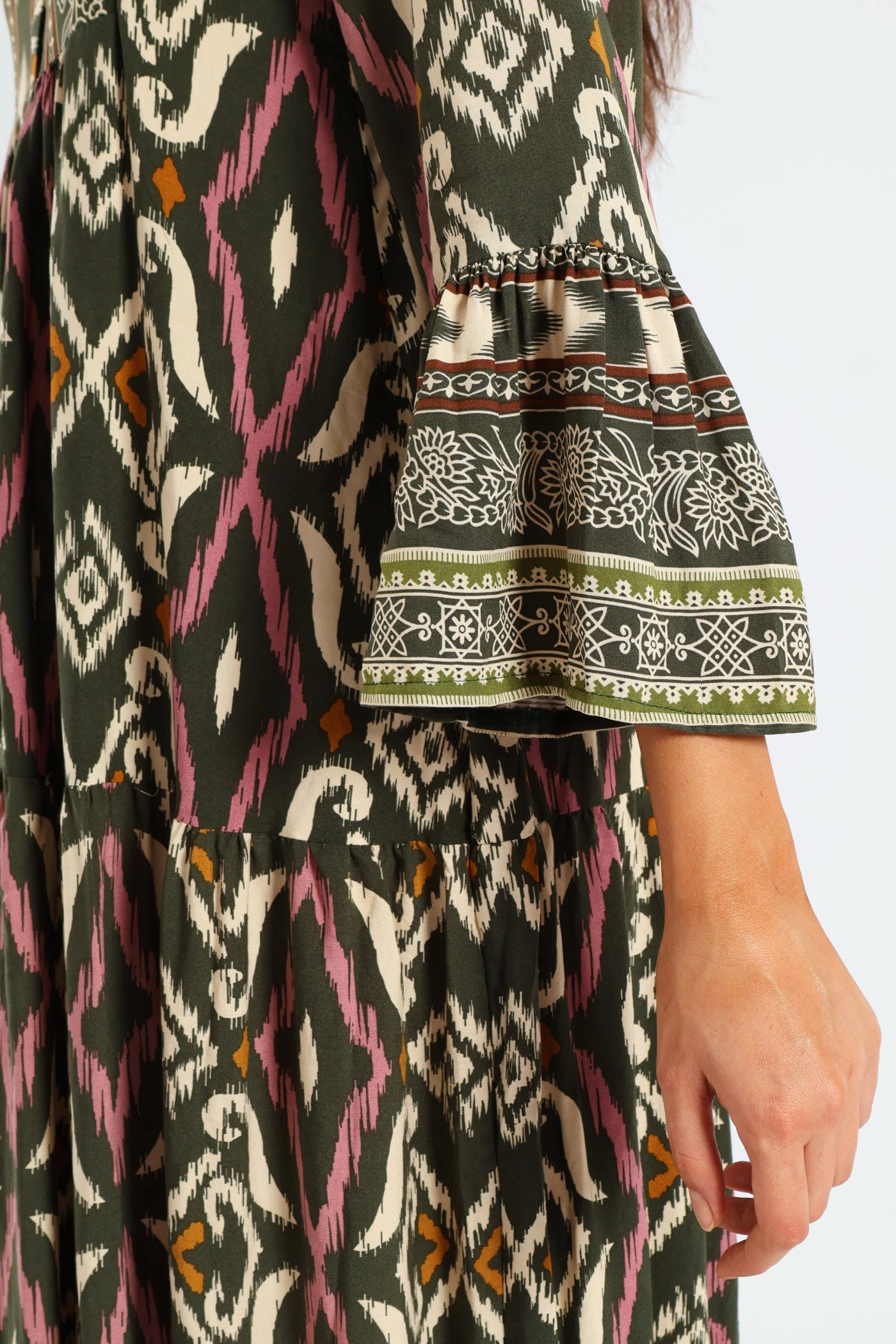 Chic Mom Subtle Edge 3/4 Sleeve Palm Border Print Tent Midaxi Dress - Multi