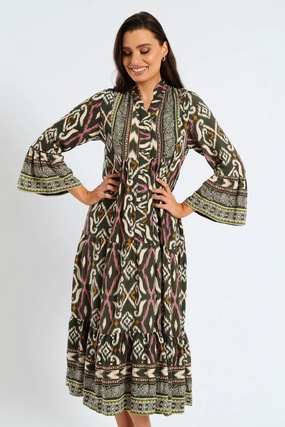Work Vibes 3/4 Sleeve Palm Border Print Tent Midaxi Dress - Multi