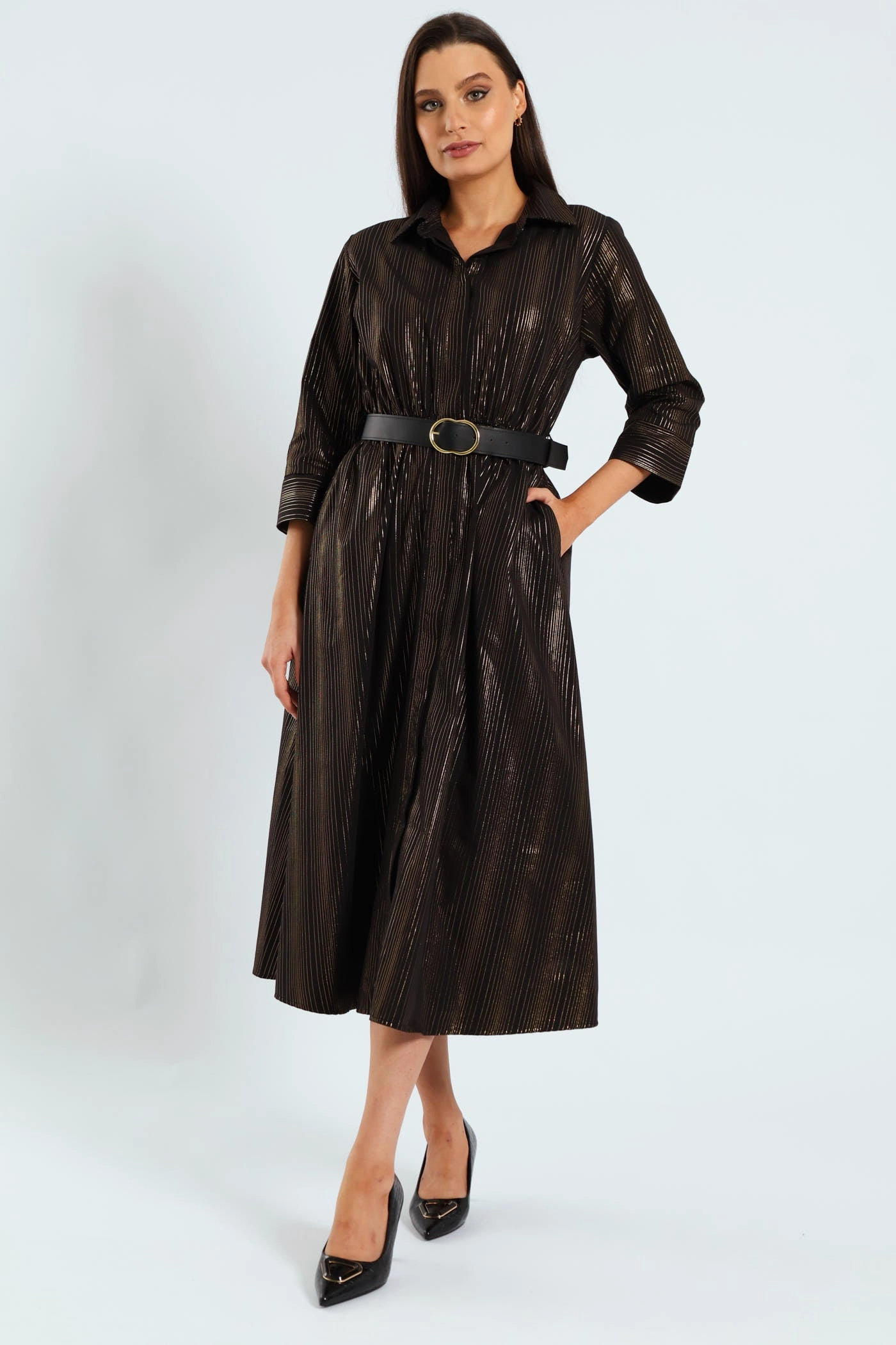 Happy Soul MoistureWickingTechnology 3 Quarter Sleeve Belted Midi Shirt Dress - Black