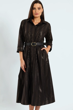 Rose Flush Sleek Vibe 3 Quarter Sleeve Belted Midi Shirt Dress - Black