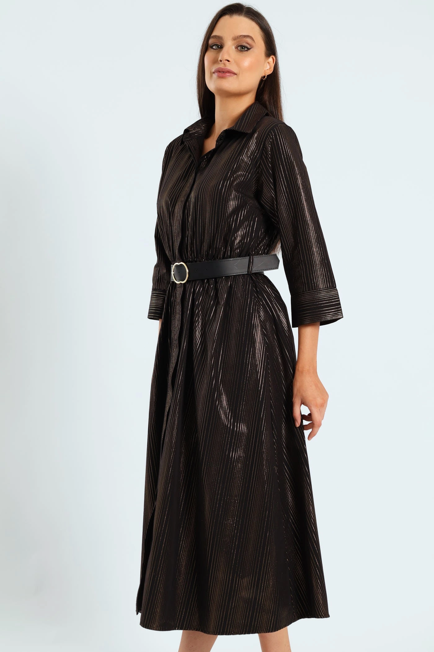 3 Quarter Sleeve Belted Midi Shirt Dress - Black Drapey Fabric Fashionable Design