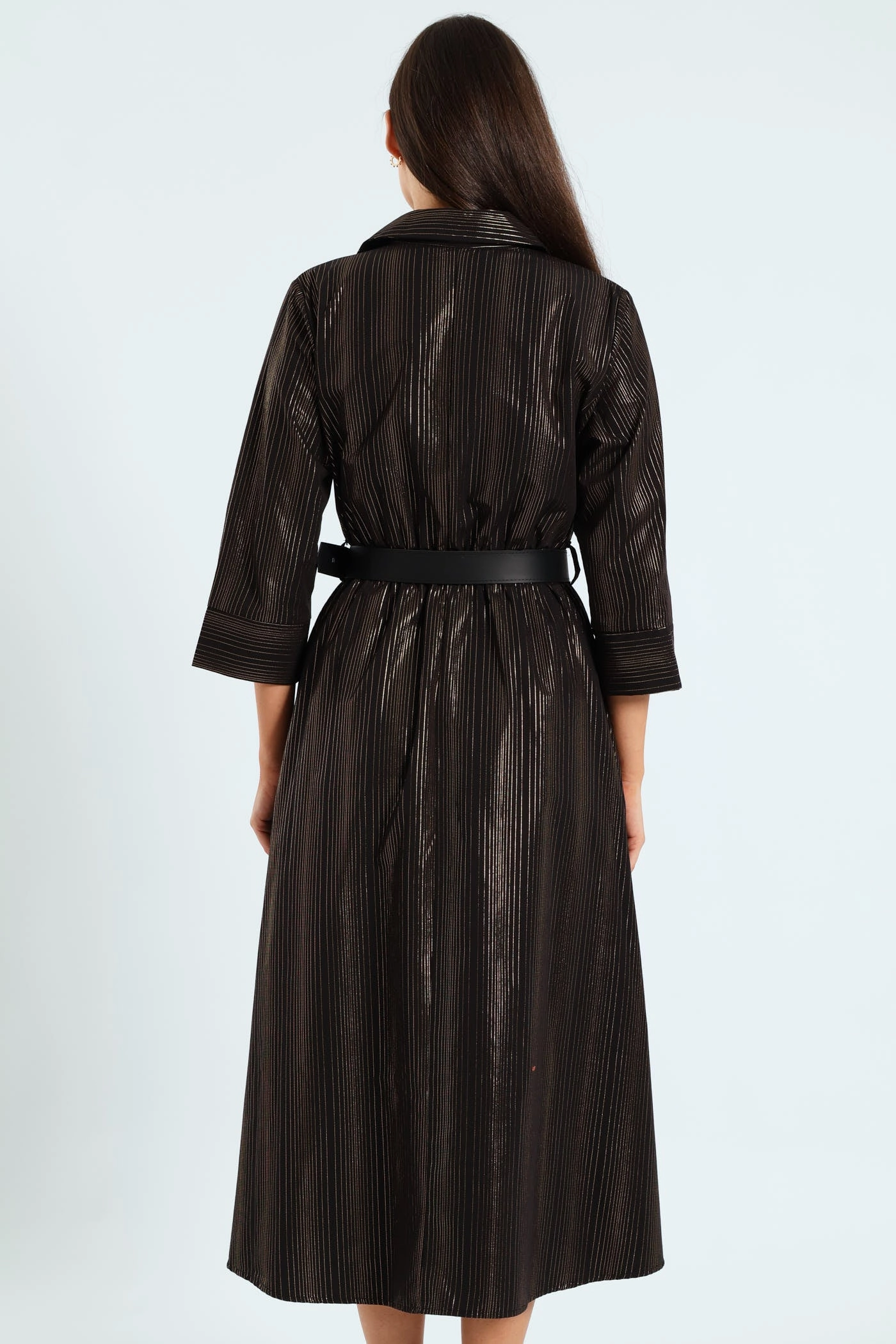 3 Quarter Sleeve Belted Midi Shirt Dress - Black Smart and Polished Gentle Glow
