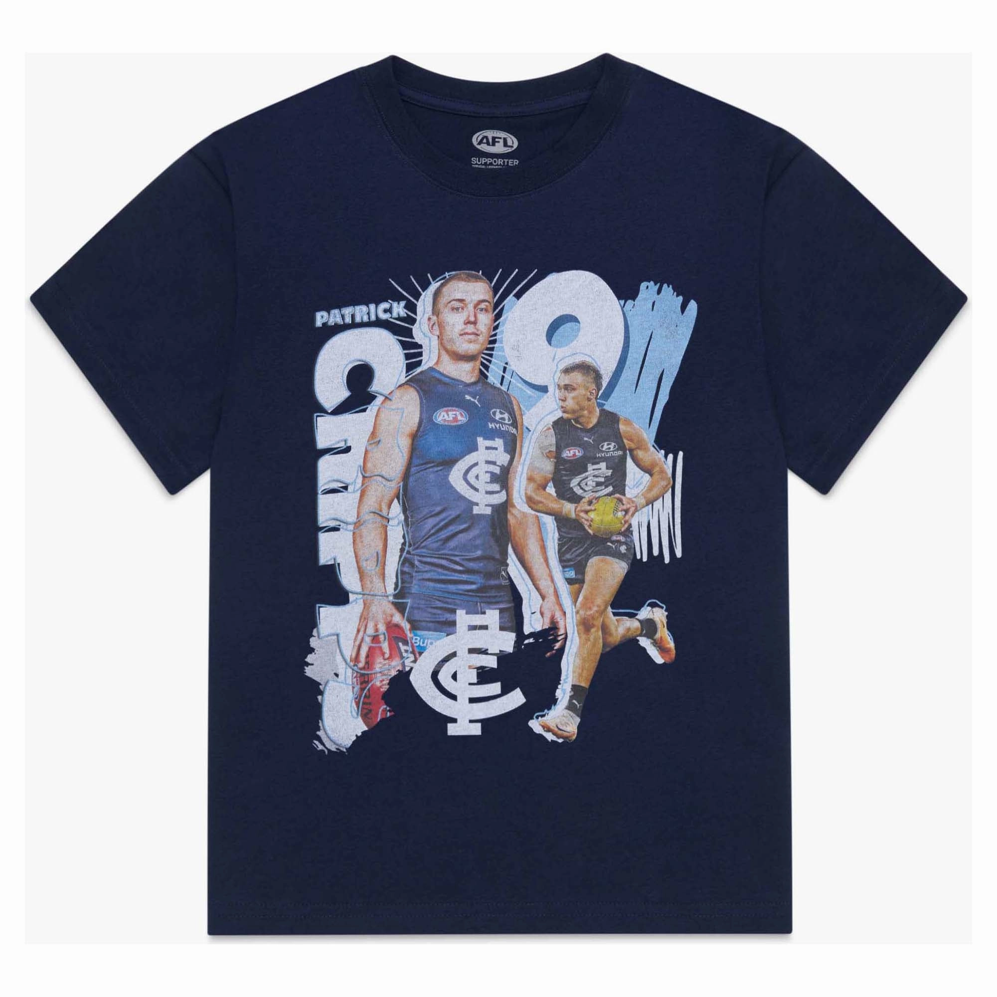 No Slip Gripper Hem Variable Density Knit Junior's AFL Carlton Blues Football Club Patrick Cripps Landmark Player Tee