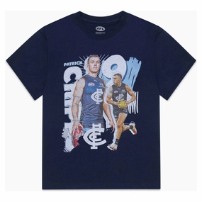 No Slip Gripper Hem Variable Density Knit Junior's AFL Carlton Blues Football Club Patrick Cripps Landmark Player Tee