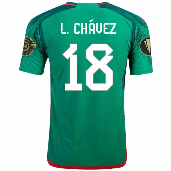 Low Bulk Texture adidas Mexico Luis Chavez Authentic Home Jersey w/ Gold Cup Patches 22/23 (Vivid Green)