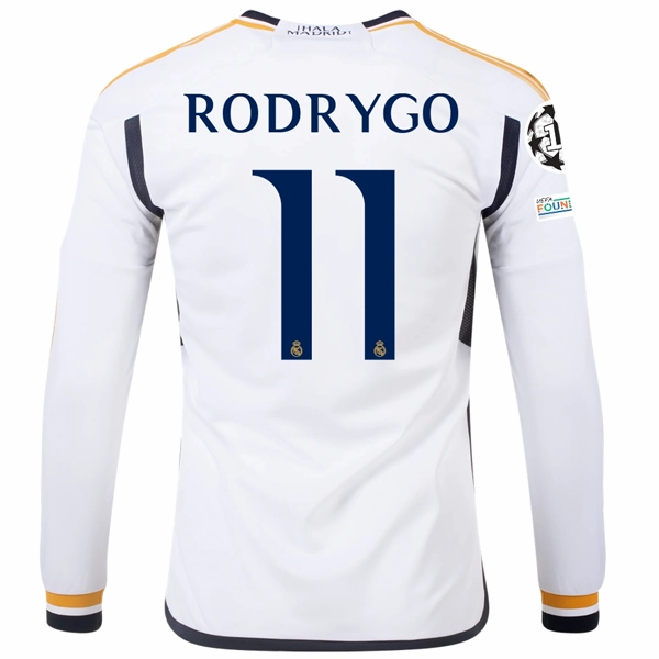 adidas Real Madrid Long Sleeve Rodrygo Home Jersey w/ Champions League   Club World Cup Patches 23/24 (White) All-day Comfort Wrinkle Resistant Weave