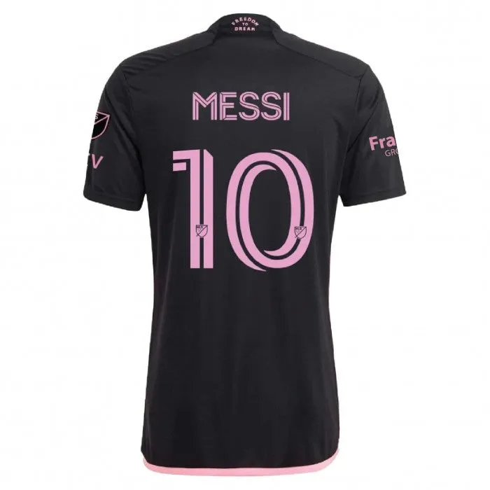 adidas Men's Lionel Messi Inter Miami Away Jersey 23/24 w/ MLS Apple   Sponsors Patches (Black/True Pink) Friction Free Boost Fit