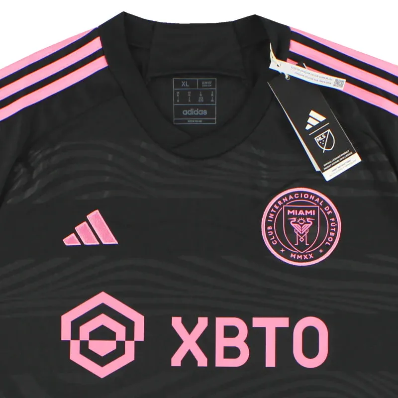 Dry Layer Comfort Apparel adidas Men's Lionel Messi Inter Miami Away Jersey 23/24 w/ MLS Apple   Sponsors Patches (Black/True Pink)