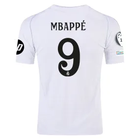 adidas Real Madrid Authentic Kylian Mbappe Home Jersey w/ Champions League Patches 24/25 (White/Black) Elastic Cuff Retention Anti Snag Fabric