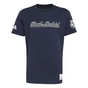 adidas Youth Real Madrid 25/26 Lettering T-Shirt (Legend Ink/White) V neck style