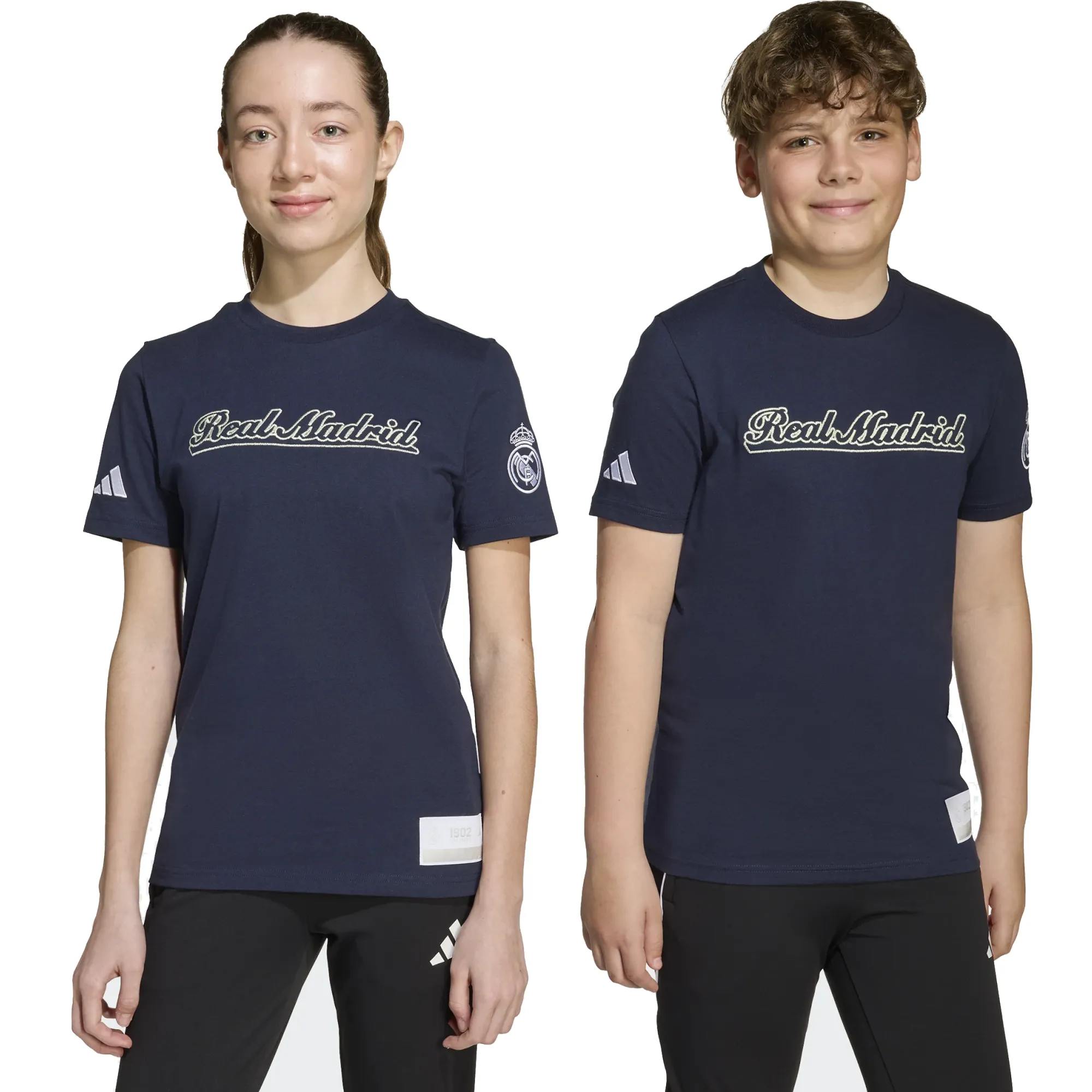 DoubleStitchedHem Breathable Yarn Composition adidas Youth Real Madrid 25/26 Lettering T-Shirt (Legend Ink/White)