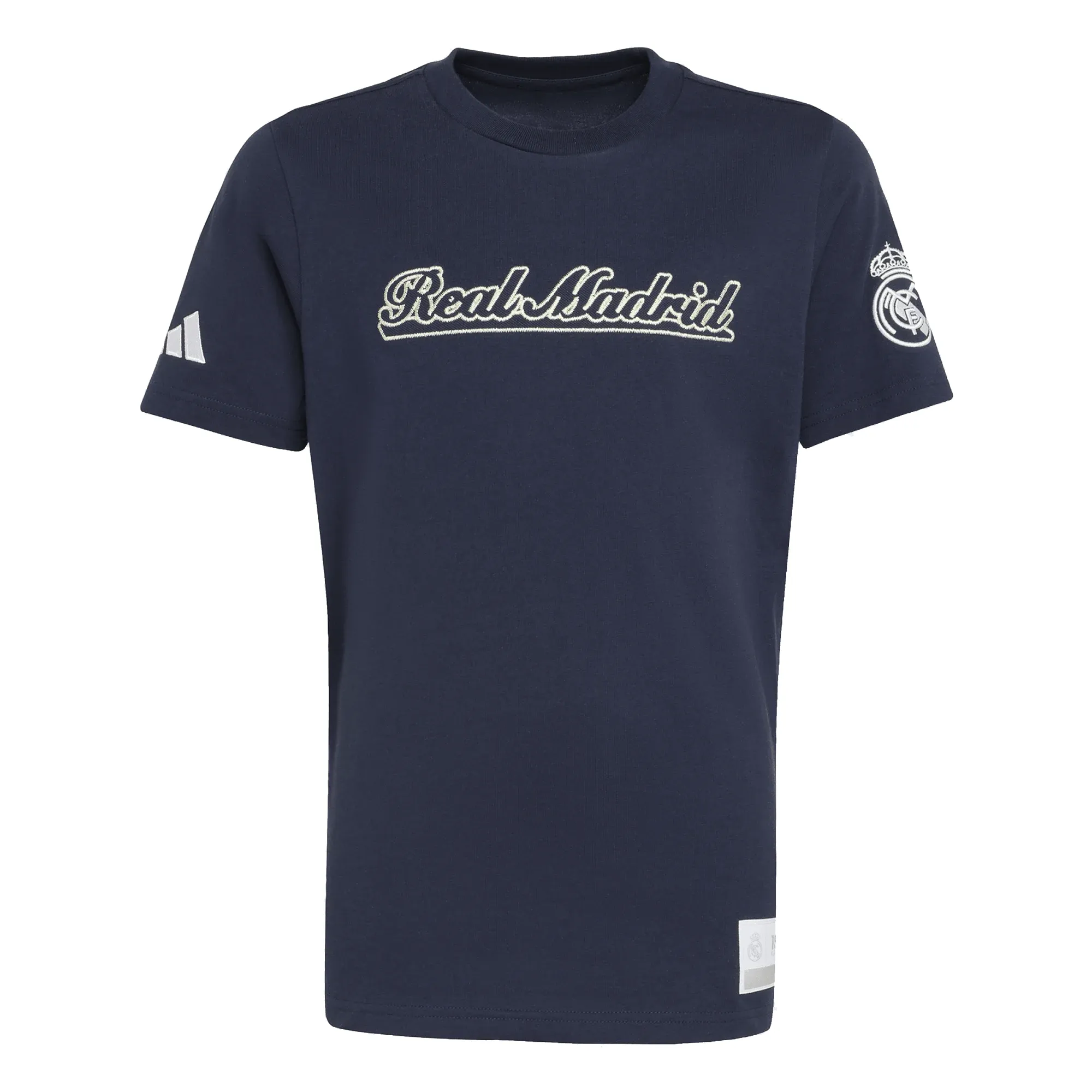 adidas Youth Real Madrid 25/26 Lettering T-Shirt (Legend Ink/White) V neck style
