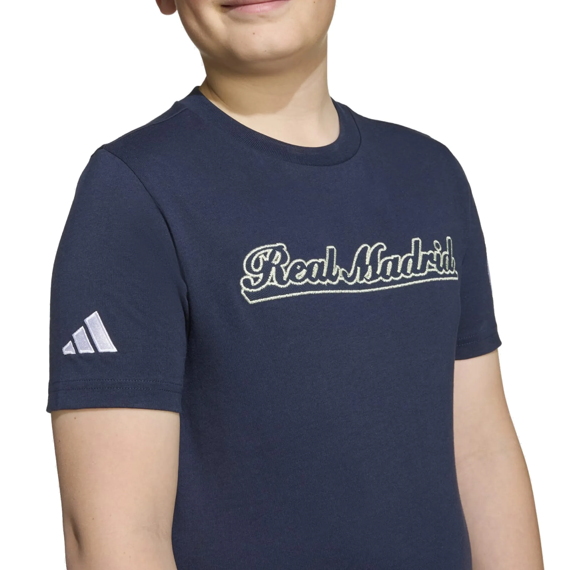 adidas Youth Real Madrid 25/26 Lettering T-Shirt (Legend Ink/White) Customizable Airflow Ventilation System