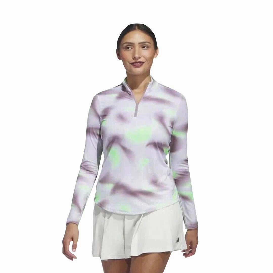 adidas - Women's Ultimate365 Printed 1/4 Zip Mock-Neck Long Sleeve Polo (IP4258) Non Restrictive Armholes Non Chafe Stitching