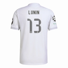 adidas Andriy Lunin Real Madrid 25/26 Home Jersey w/ Champions League Patches (White) Fitness Apparel Moisture Wicking Material