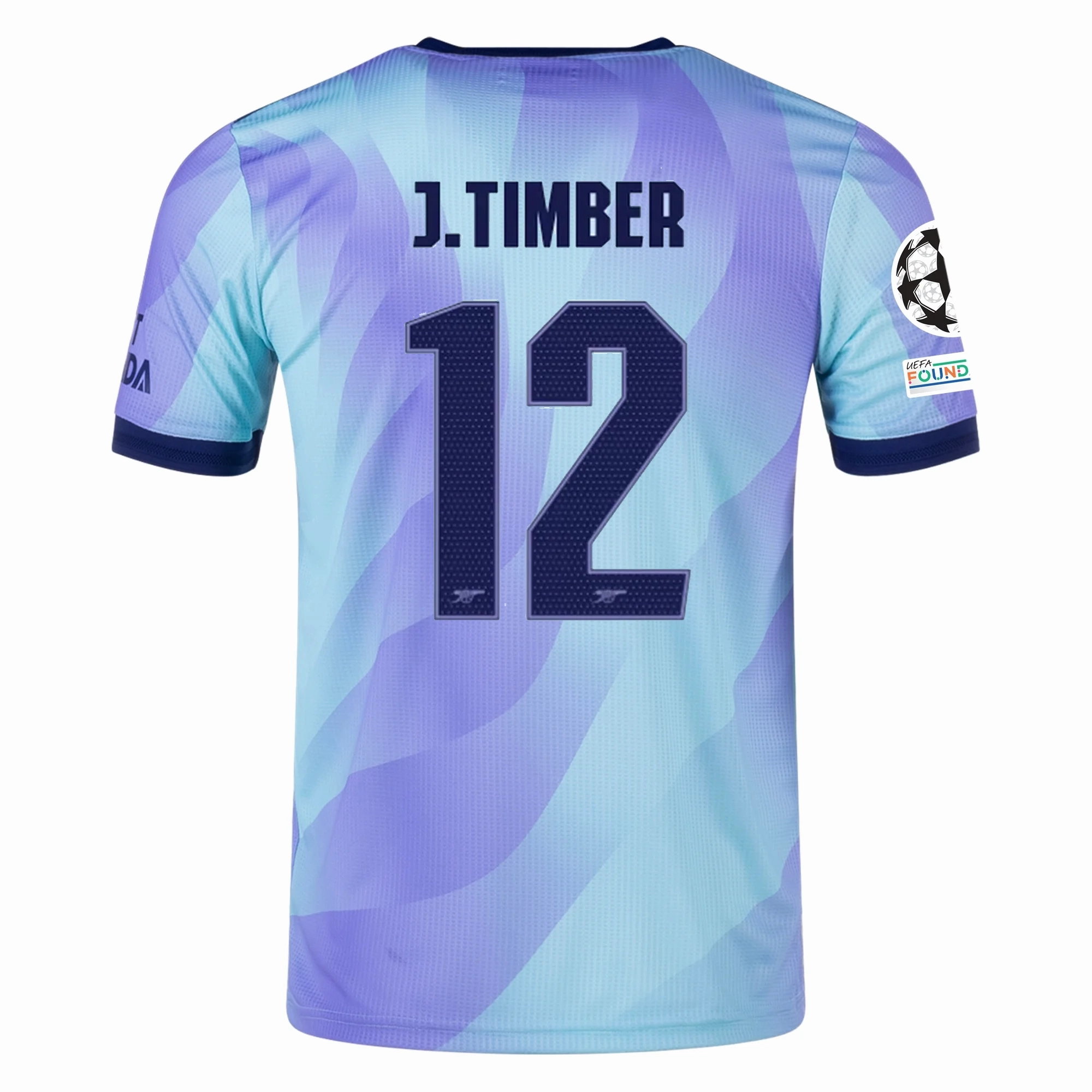 Functional Gear Non Restrictive Design adidas Arsenal Authentic Jurrien Timber Third Jersey w/ Champions League Patches 24/25 (Clear Aqua/Light Flash Purple)