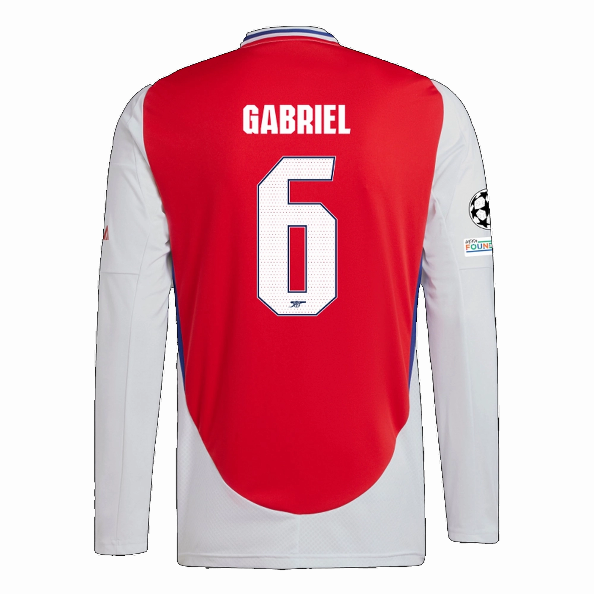 Eco Friendly Fibers High Visibility Trim adidas Arsenal Gabriel Magalh?es Home Long Sleeve Jersey w/ Champions League Patches 24/25 (Better Scarlet/White)