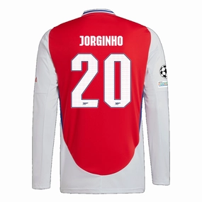 adidas Arsenal Jorginho Home Long Sleeve Jersey w/ Champions League Patches 24/25 (Better Scarlet/White) Fit For Action Odor Resistant Coating