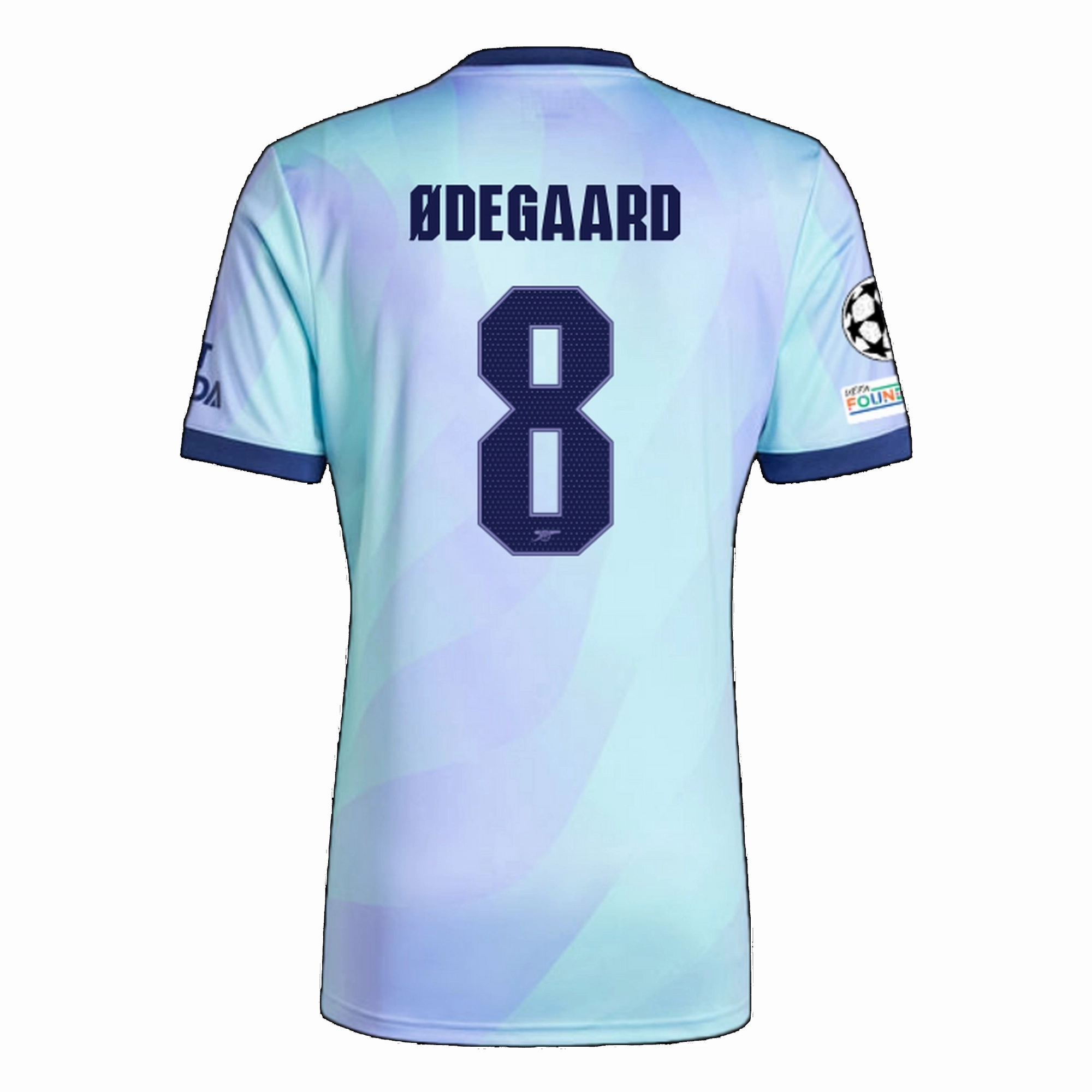 adidas Arsenal Martin Odegaard Third Jersey w/ Champions League Patches 24/25 (Clear Aqua/Light Flash Purple) Soft Touch Material All Season