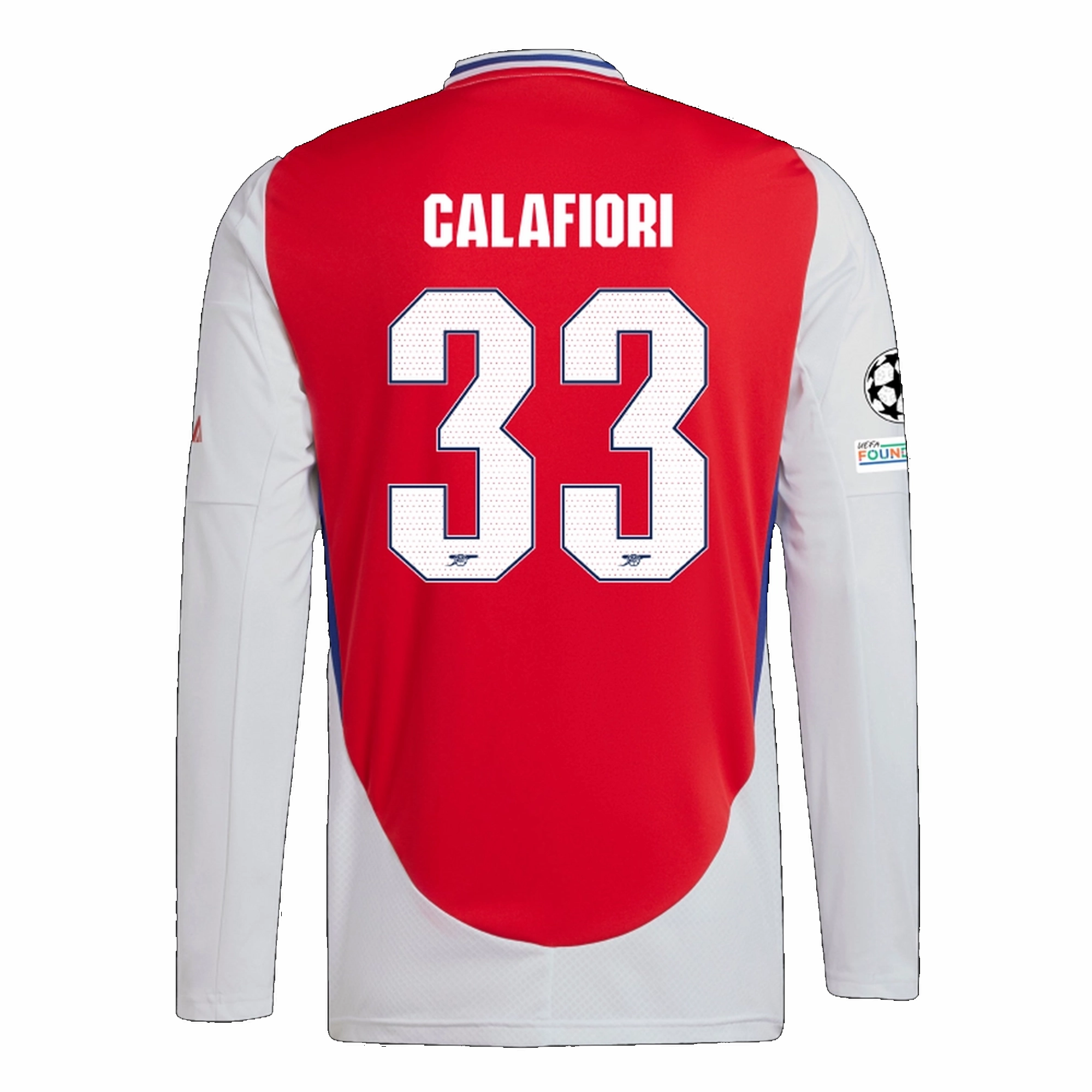 adidas Arsenal Riccardo Calafiori Home Long Sleeve Jersey w/ Champions League Patches 24/25 (Better Scarlet/White) Action Fit Performance Optimized Weave