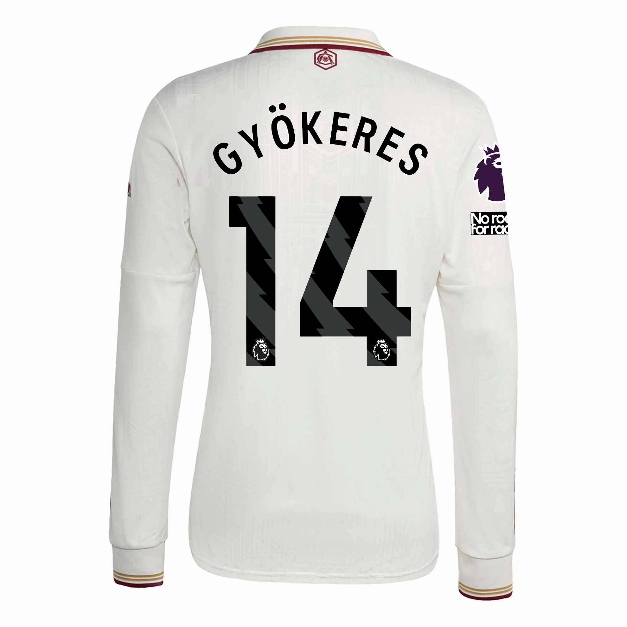Minimalist Raglan Sleeve Sweat Wicking Ribbing adidas Arsenal Viktor Gy?keres Third Long Sleeve Jersey w/ EPL   No Room For Racism 25/26 (White/Burgundy)