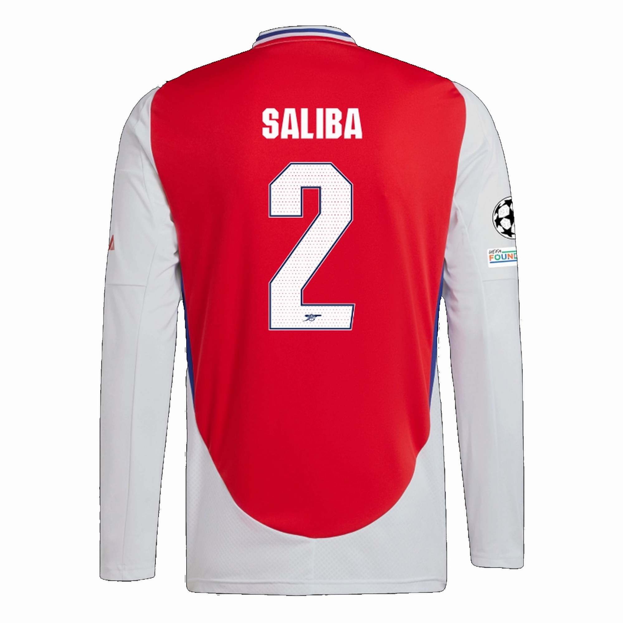 adidas Arsenal William Saliba Home Long Sleeve Jersey w/ Champions League Patches 24/25 (Better Scarlet/White) Versatile Fit Tagless label