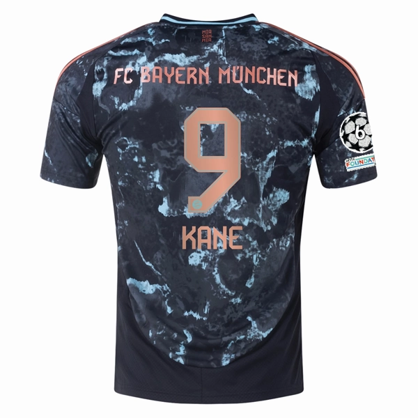 Relaxed Comfort Street Flex adidas Bayern Munich Authentic Harry Kane Away Jersey w/ Champions League Patches 24/25 (Black/Copper/Blue)